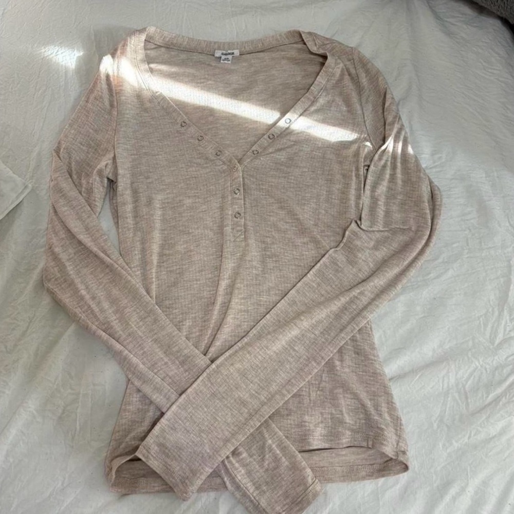 Light Beige V-Neck Long Sleeve Henley Top FROM GARAGE